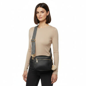 Pom Pom London Black Leather Crossbody Camera Bag Strap & Pom Pom Charm